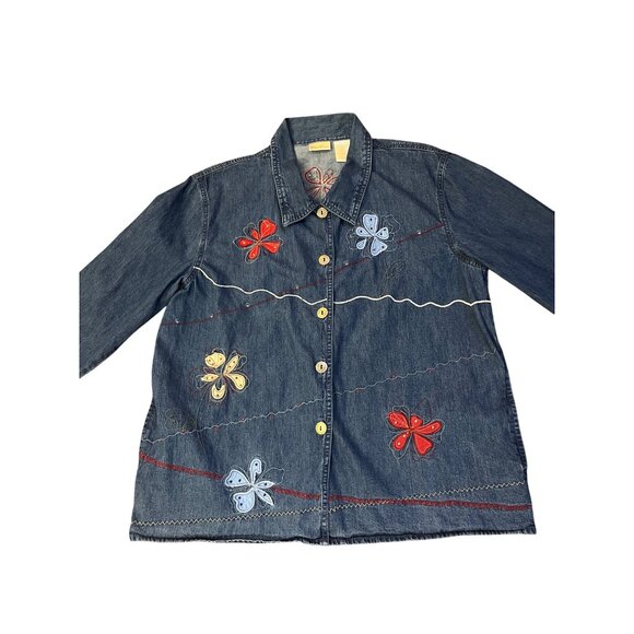 Vintage Early 2000s Bobbie Brooks Denim Blouse Womens L Floral Embroidered - Picture 4 of 16